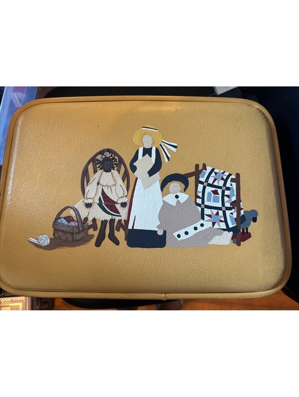 Vintage 1970s Mustard Yellow Vinyl Suitcase w/ Folk Art Quilting Applique